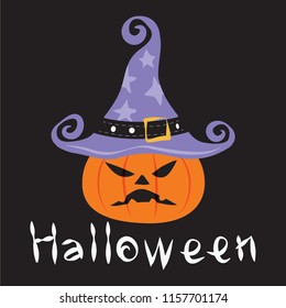 The pumpkin head design witch hat and the word Halloween on a black background.