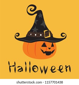 The pumpkin head design witch hat and the word Halloween on a orange background.