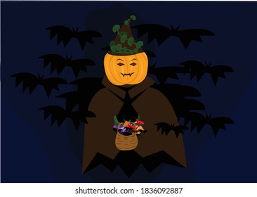 La cabeza de calabaza está volando para entregar caramelos y cartas y está usando un traje de bruja. 