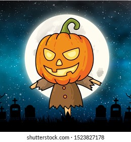 Pumpkin Head Flying Over The Moon, Halloween Concept
