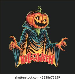 pumpkin head halloween character illustration for tshirt design, logo, or stickers