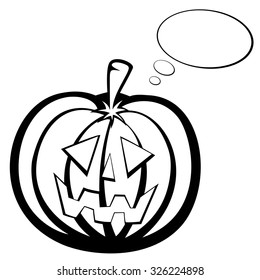 Pumpkin Head - Halloween pumpkin face is smiling (black and white) with a speech bubble