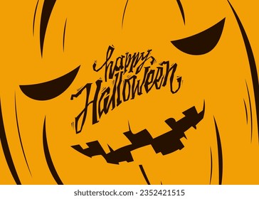 Pumpkin Head for Halloween. Freehand cursive text. A frightening smile and black eyes on an orange background. Simple minimalist illustration for postcard, poster, banner.