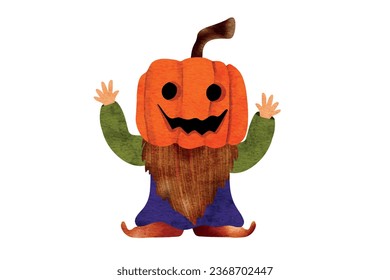 Pumpkin head Halloween Gnome, Vector illustration. Creepy and Cute Watercolor clip art element, on transparent background. Perfect for invitation, card, poster, banner, decorations