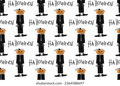 Pumpkin head Halloween Jack's skeleton in leather jacket and cowboy rock boots. Scary, creepy, spooky, evil horror and fear. Seamless vector pattern.