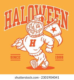 Pumpkin Head Halloween Mascot Character Design in Sport Vintage Athletic Style Vector Design