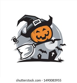 Pumpkin Head Halloween Moon Logo Vector