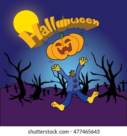 Pumpkin head at Halloween night vector , New free hand cartoon
