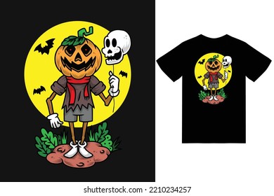 Pumpkin head holding balloon skull illustration with tshirt design premium vector  the Concept of Isolated Technology. Flat Cartoon Style Suitable for Landing Web Pages, Banners, Flyers, Stickers