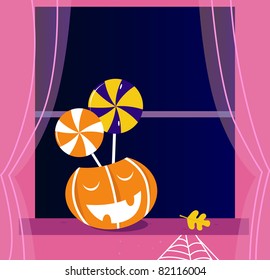 Pumpkin head or Jacks o' lantern, Candy, Window Pumpkin head and Helloween objects. Vector cartoon Illustration.