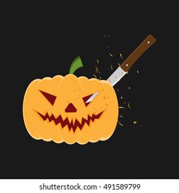 Pumpkin head with a knife. Vector illustration.
