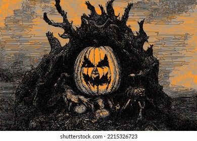 Pumpkin head monster. Jack-o-lantern. Vector illustration. Doodle sketch.