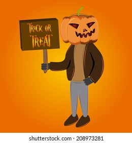a pumpkin head monster on an orange background