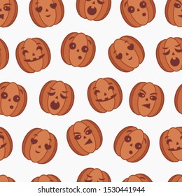 Pumpkin head patterns with emotions. A great pattern on a transparent background, to which you can attach a background of any color.