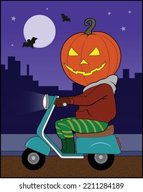 A pumpkin head rides a motor scooter.