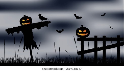Silhueta Espantalho Cabeça de Abóbora no Campo com a Cerca. Vetor de conceito de feriado sazonal internacional de Halloween