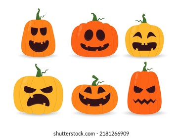 Pumpkin head set. Cute and scary halloween pumpkin monster set. Holidays cartoon character in flat style collection.