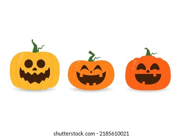 Pumpkin head set. Cute and scary halloween pumpkin monster set. Holidays cartoon character in flat style collection.