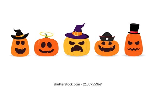Cabeza de calabaza puesta. Monstruo de calabaza de halloween, lindo y aterrador. Personaje de caricatura de vacaciones en colección de estilo plano.