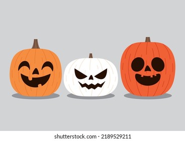 Pumpkin head set. Cute and scary halloween pumpkin monster set. Holidays cartoon character in flat style collection.