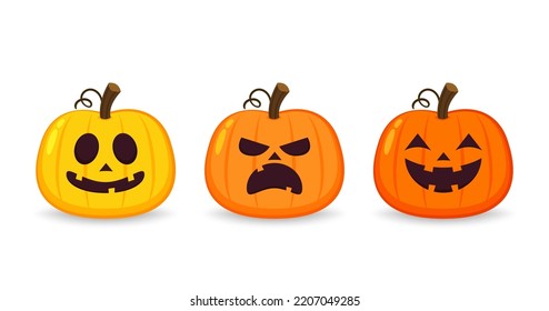 Pumpkin head set. Cute and scary halloween pumpkin monster set. Holidays cartoon character in flat style collection.