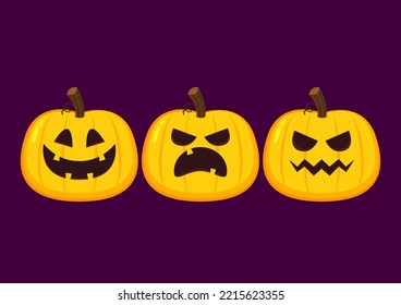 Pumpkin head set. Cute and scary halloween pumpkin monster set. Holidays cartoon character in flat style collection.