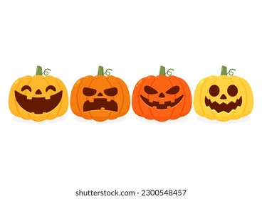 Pumpkin head set. Cute and scary halloween pumpkin monster set. Holidays cartoon character in flat style collection.