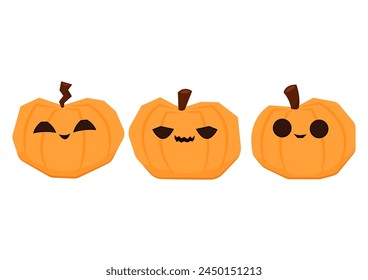 Pumpkin head set. Cute and scary Halloween pumpkin monster set. Holidays cartoon character in flat style collection.
