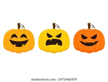 Pumpkin head set. Cute and scary Halloween pumpkin monster set. Holidays cartoon character in flat style collection.