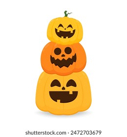 Pumpkin head set. Cute and scary Halloween pumpkin monster set. Holidays cartoon character in flat style collection.