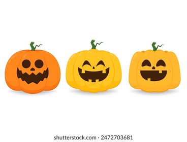 Juego de cabeza de calabaza. Monstruo de calabaza de Halloween lindo y aterrador conjunto. Personaje de dibujos animados de Días festivos en colección de estilo plano.