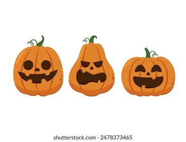 Pumpkin head set. Cute and scary Halloween pumpkin monster set. Holidays cartoon character in flat style collection.