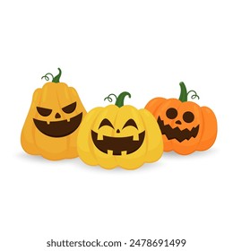 Juego de cabeza de calabaza. Monstruo de calabaza de Halloween lindo y aterrador conjunto. Personaje de dibujos animados de Días festivos en colección de estilo plano.