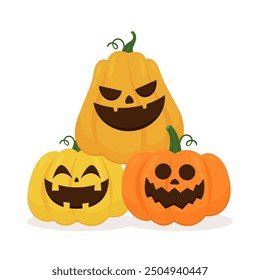 Pumpkin head set. Cute and scary Halloween pumpkin monster set. Holidays cartoon character in flat style collection.