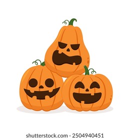 Pumpkin head set. Cute and scary Halloween pumpkin monster set. Holidays cartoon character in flat style collection.