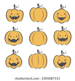 Pumpkin head set. Cute and scary halloween pumpkin monster set. Holidays cartoon character. Vector illustration