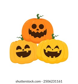 Conjunto de cabeza de calabaza. Lindo y aterrador conjunto de monstruos de calabaza de Halloween. Personaje de dibujos animados de Días festivos en colección de estilo plano.