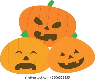 Pumpkin head set. Cute and scary Halloween pumpkin monster set. Holidays cartoon character in flat style collection.