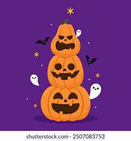 Pumpkin head set. Cute and scary Halloween pumpkin monster set. Holidays cartoon character in flat style collection.