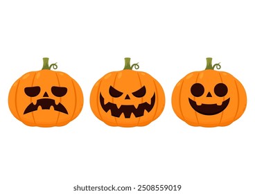 Conjunto de cabeza de calabaza. Lindo y aterrador conjunto de monstruos de calabaza de Halloween. Personaje de dibujos animados de Días festivos en colección de estilo plano.