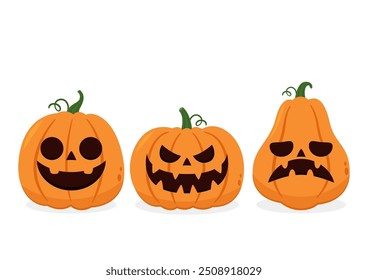 Pumpkin head set. Cute and scary Halloween pumpkin monster set. Holidays cartoon character in flat style collection.