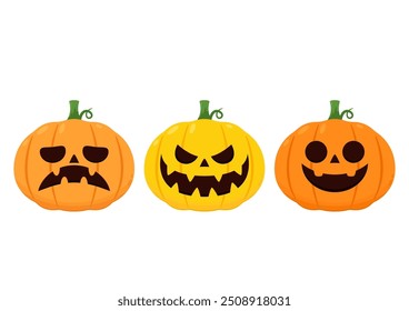 Pumpkin head set. Cute and scary Halloween pumpkin monster set. Holidays cartoon character in flat style collection.