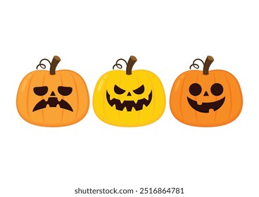 Pumpkin head set. Cute and scary Halloween pumpkin monster set. Holidays cartoon character in flat style collection.