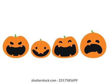 Pumpkin head set. Cute and scary Halloween pumpkin monster set. Holidays cartoon character in flat style collection.