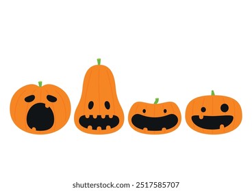 Pumpkin head set. Cute and scary Halloween pumpkin monster set. Holidays cartoon character in flat style collection.