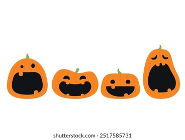 Pumpkin head set. Cute and scary Halloween pumpkin monster set. Holidays cartoon character in flat style collection.