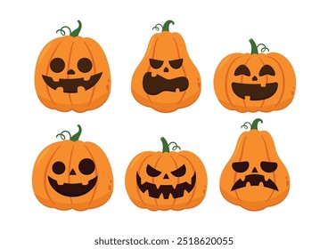 Conjunto de cabeza de calabaza. Lindo y aterrador conjunto de monstruos de calabaza de Halloween. Personaje de dibujos animados de Días festivos en colección de estilo plano.