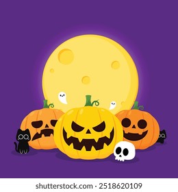 Pumpkin head set. Cute and scary Halloween pumpkin monster set. Holidays cartoon character in flat style collection.