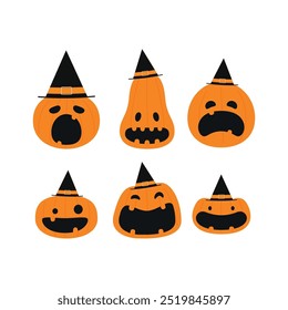 Pumpkin head set. Cute and scary Halloween pumpkin monster set. Holidays cartoon character in flat style collection.