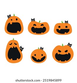 Pumpkin head set. Cute and scary Halloween pumpkin monster set. Holidays cartoon character in flat style collection.